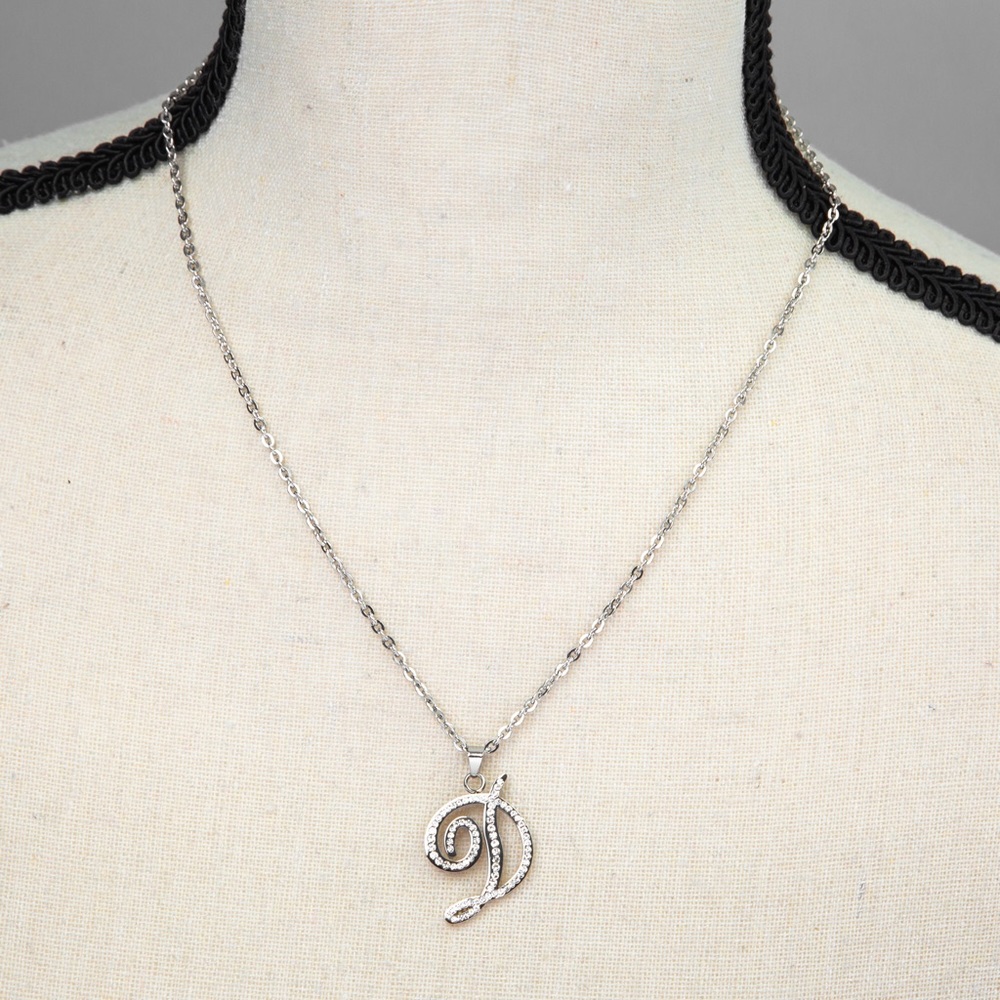 Minimalist pendant necklace Loose Script Crystal initial “D” Steel by Design